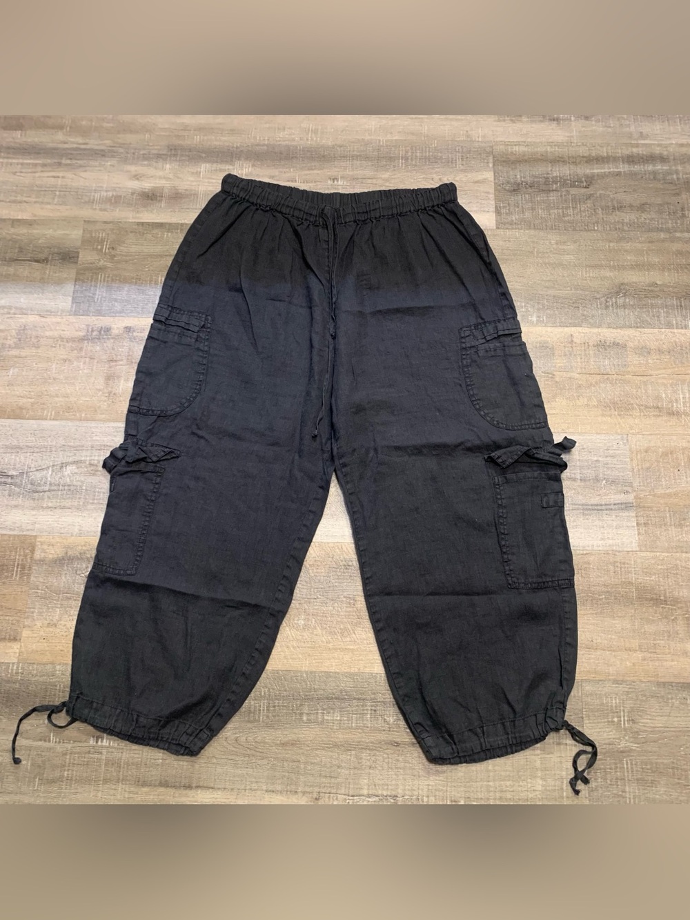 FLAX Linen Black Cargo Wide Leg Cropped Capri Pants Women’s Size Large